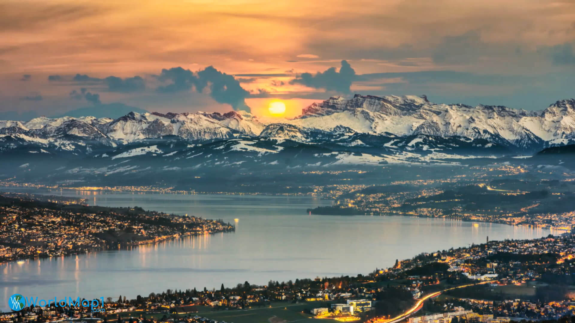 Zurich and Alps at Sunset